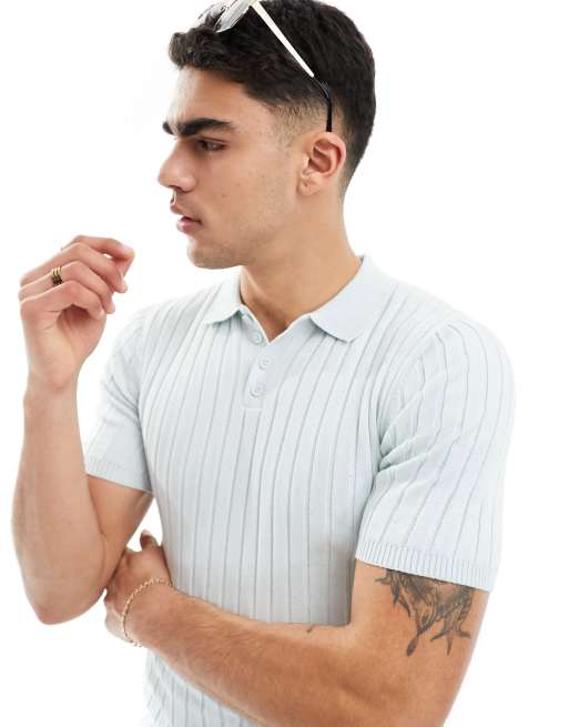 ASOS DESIGN muscle fit lightweight knit ribbed polo in blue