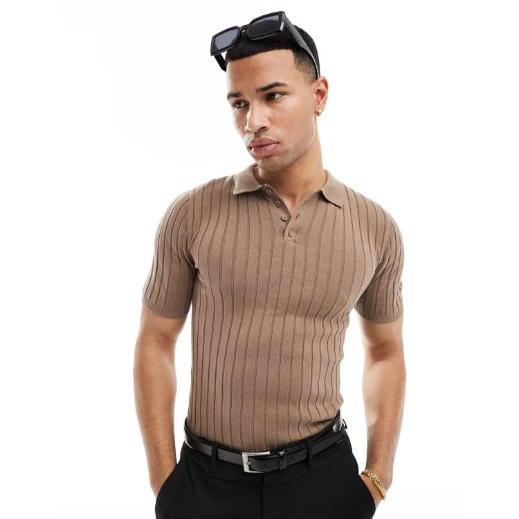 ASOS DESIGN muscle fit lightweight knit ribbed polo in brown