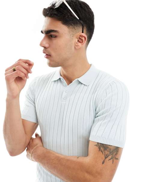 ASOS DESIGN muscle fit lightweight knitted rib polo in blue - view 1