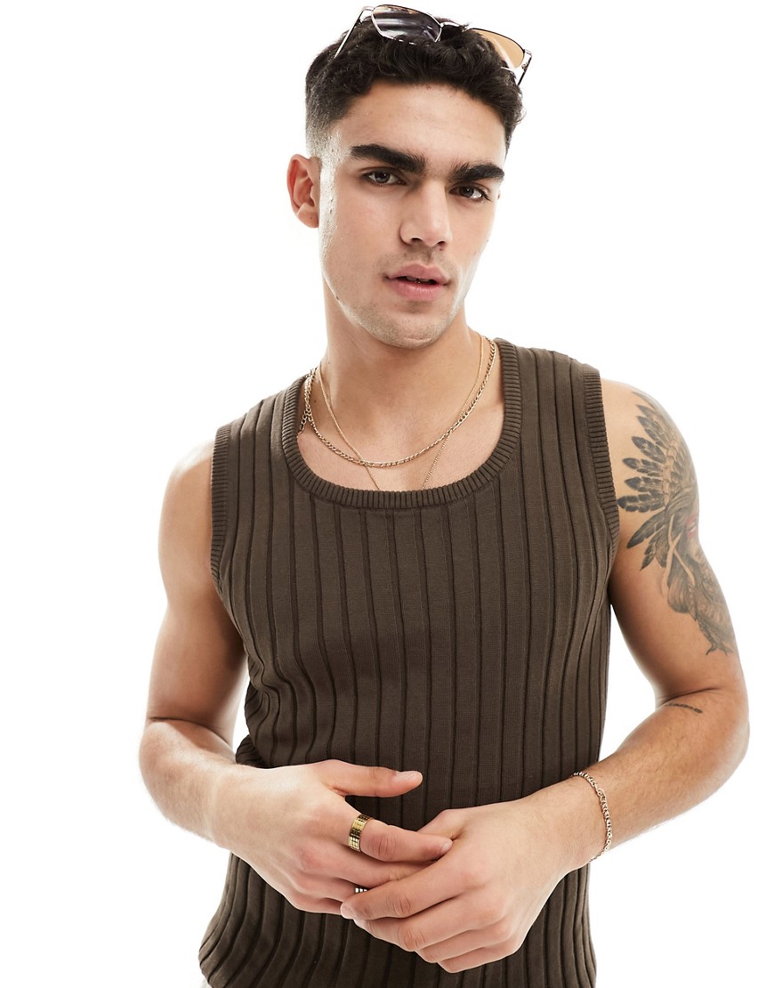 ASOS DESIGN muscle fit lightweight knitted rib scoop neck vest in brown