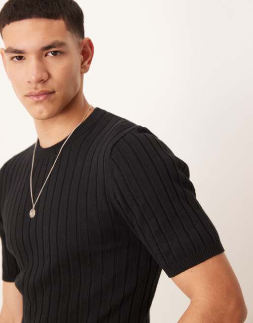 ASOS DESIGN muscle fit lightweight knitted rib t-shirt in black, 3 of 4