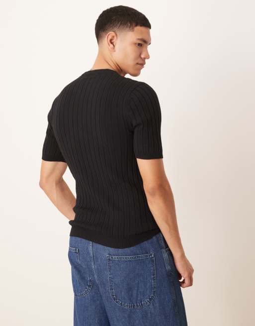 ASOS DESIGN muscle fit lightweight knitted rib t-shirt in black, 4 of 4