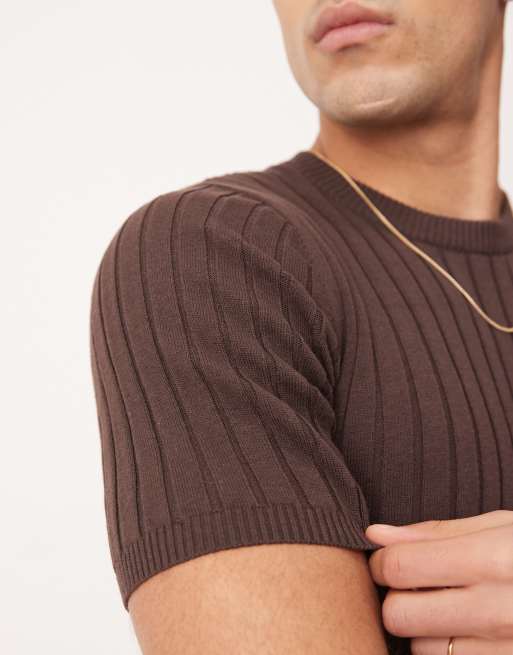 ASOS DESIGN muscle fit lightweight knitted rib t-shirt in brown, 3 of 4