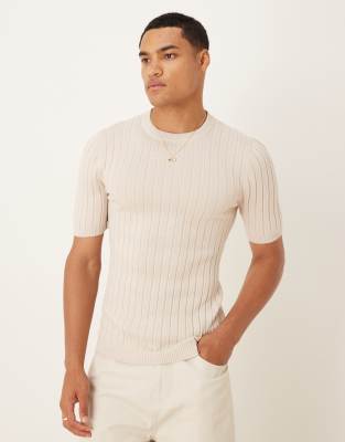 ASOS DESIGN muscle fit lightweight knitted rib t-shirt in stone - view 1