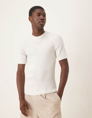 asos ASOS DESIGN muscle fit lightweight knitted rib t-shirt in white