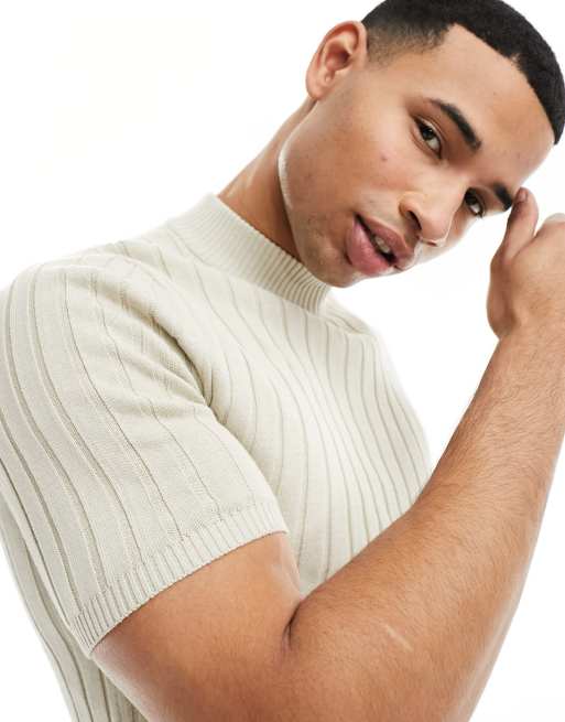 ASOS DESIGN muscle fit lightweight knitted rib turtle neck t shirt in stone ASOS