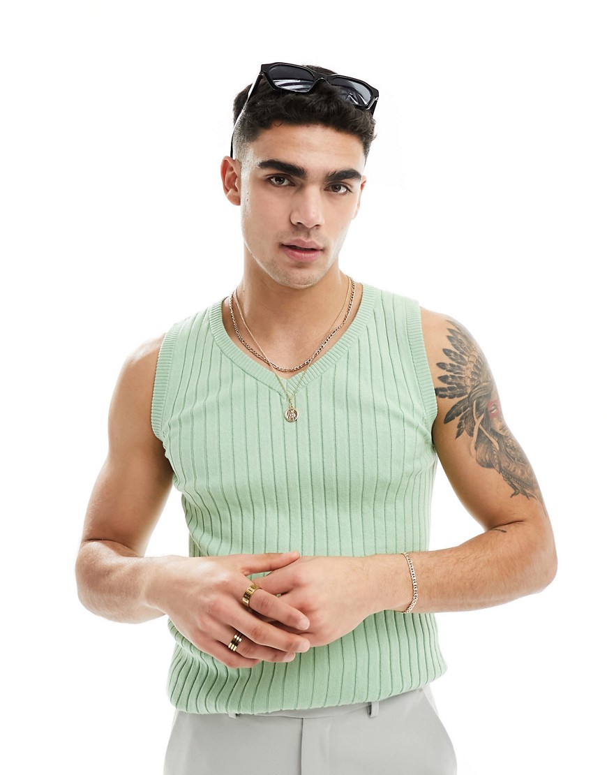 ASOS DESIGN muscle fit lightweight knitted rib v neck vest in green