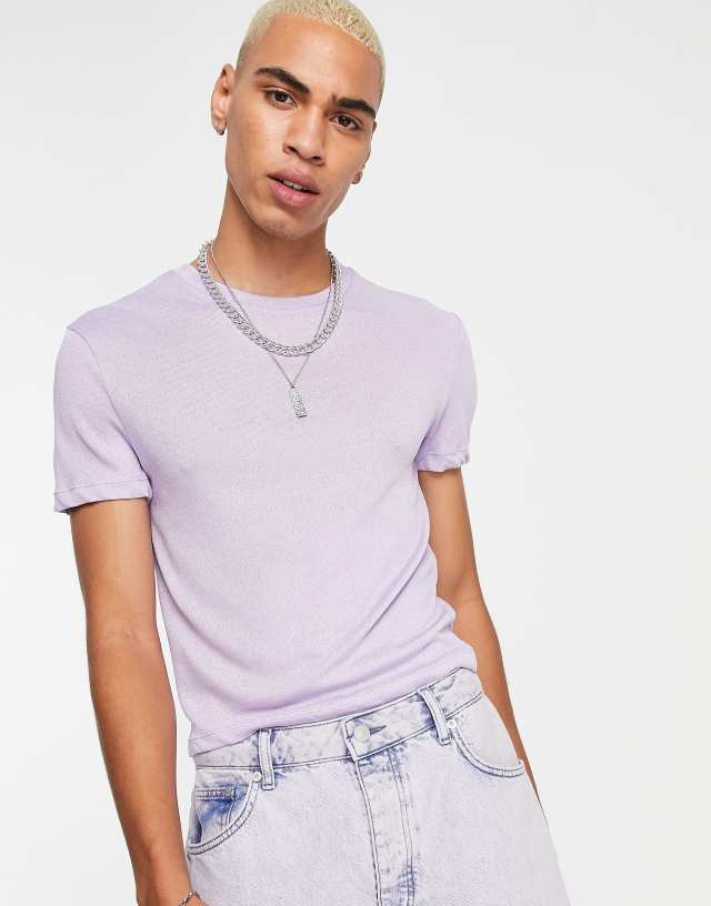 ASOS DESIGN muscle fit linen look T-shirt in poly blend in lilac