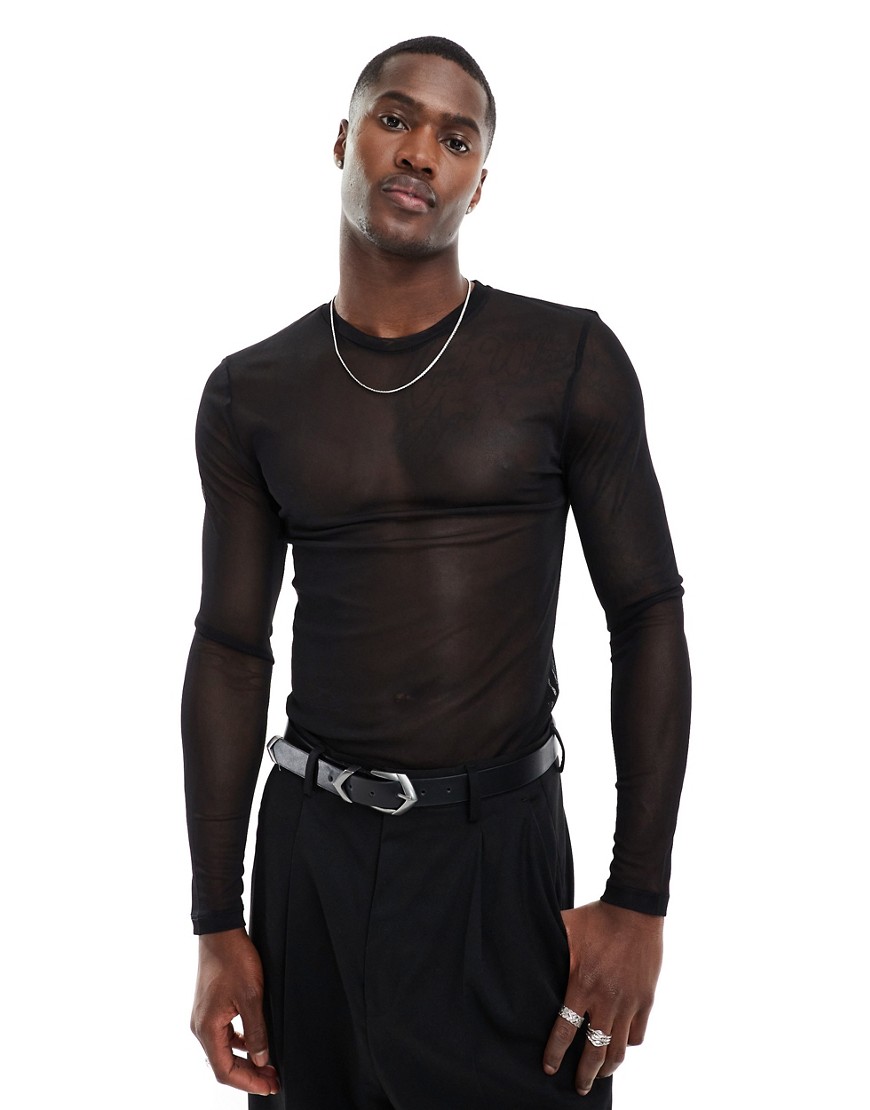 ASOS DESIGN muscle fit long sleeve black mesh