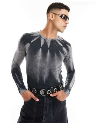 muscle fit long sleeve bodysuit in gray tie dye-Multi