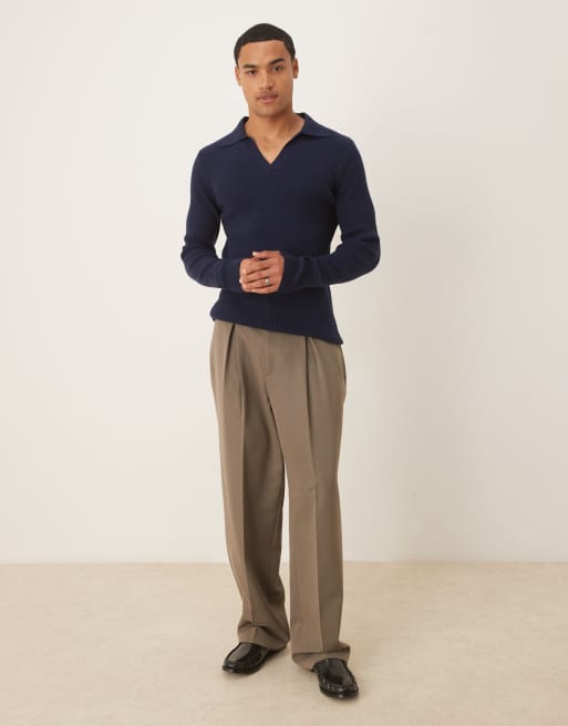ASOS DESIGN muscle fit long sleeve compact knit notch neck polo shirt in navy, 2 of 5