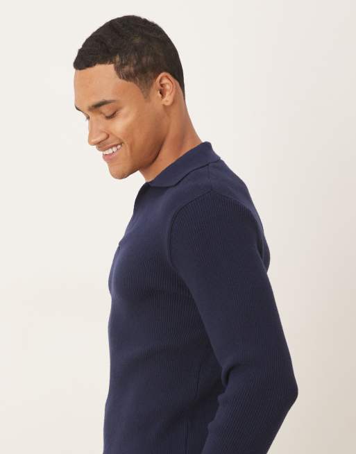 ASOS DESIGN muscle fit long sleeve compact knit notch neck polo shirt in navy, 4 of 5