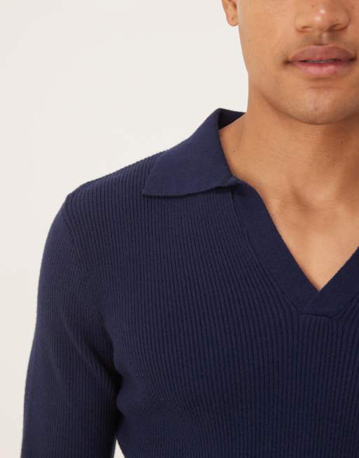 ASOS DESIGN muscle fit long sleeve compact knit notch neck polo shirt in navy, 5 of 5
