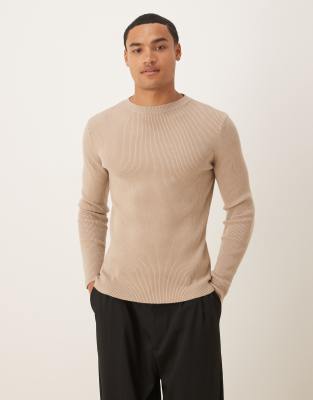 Asos Design Muscle Fit Long Sleeve Compact Rib Knit T-shirt In Neutral