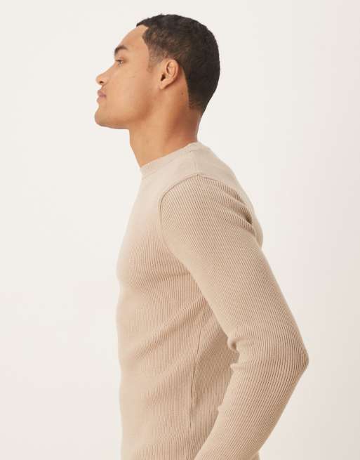 ASOS DESIGN muscle fit long sleeve compact rib knit t-shirt in beige, 4 of 5