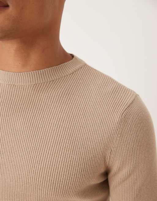ASOS DESIGN muscle fit long sleeve compact rib knit t-shirt in beige, 5 of 5