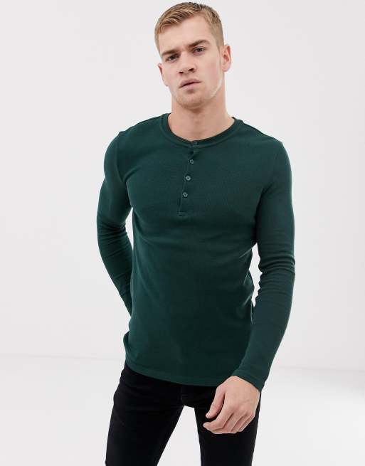 ASOS DESIGN muscle fit long sleeve grandad tshirt in waffle in khaki ASOS