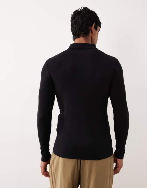 ASOS DESIGN muscle fit long sleeve heavyweight polo in black rib, 3 of 5