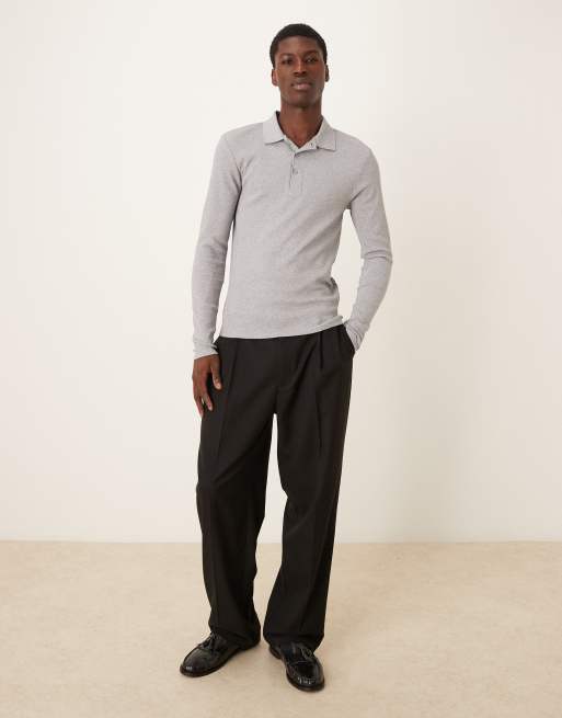 ASOS DESIGN muscle fit long sleeve heavyweight polo in grey marl rib - LGREY - LGREY, 2 of 5