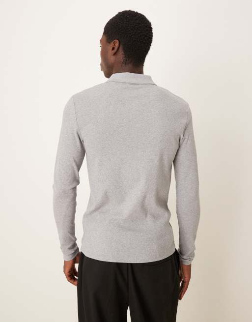 ASOS DESIGN muscle fit long sleeve heavyweight polo in grey marl rib - LGREY - LGREY, 3 of 5