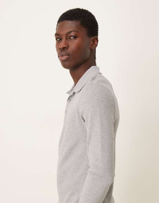 ASOS DESIGN muscle fit long sleeve heavyweight polo in grey marl rib - LGREY - LGREY, 4 of 5