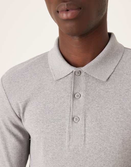 ASOS DESIGN muscle fit long sleeve heavyweight polo in grey marl rib - LGREY - LGREY, 5 of 5