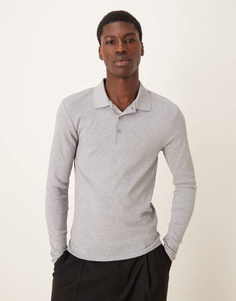 ASOS DESIGN muscle fit long sleeve heavyweight polo shirt in heather gray rib knit - view 1