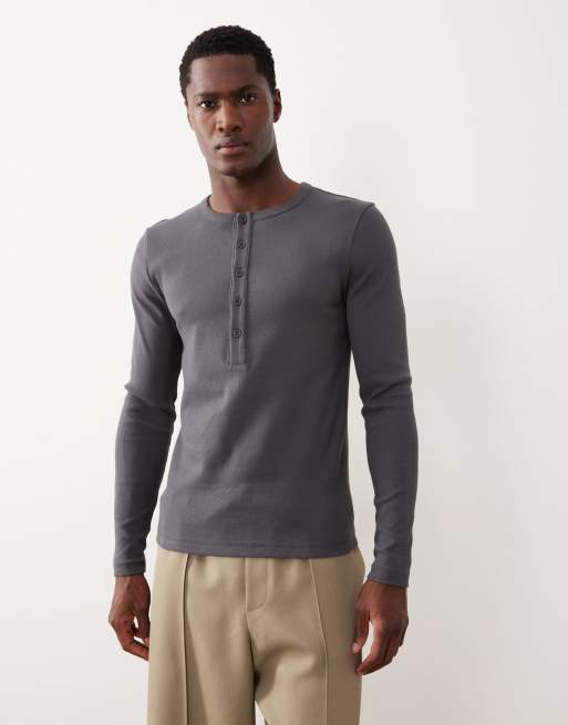 ASOS DESIGN muscle fit long sleeve heavyweight t-shirt with henley neck in charcoal rib