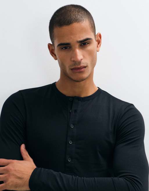 ASOS DESIGN muscle fit long sleeve henley t-shirt in black, 5 of 5