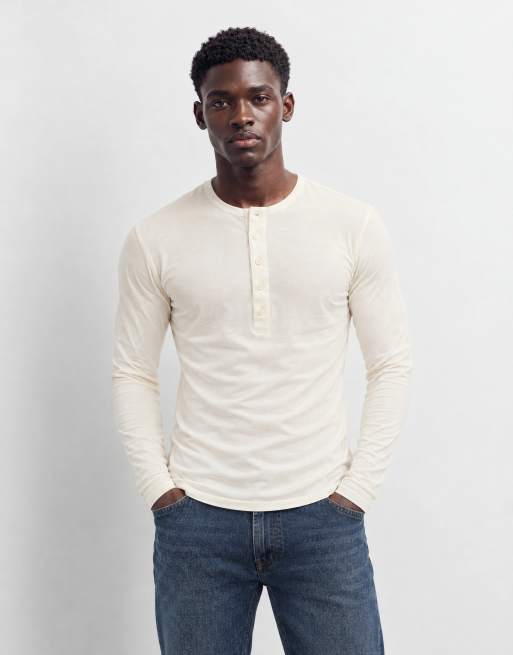 ASOS DESIGN muscle fit long sleeve henley t-shirt in cream, 9 of 10