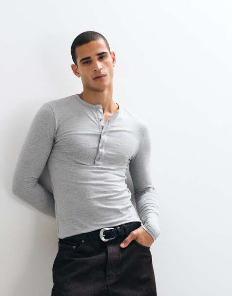 ASOS DESIGN muscle fit long sleeve henley t-shirt in grey marl - view 1