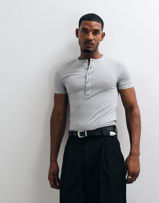 ASOS DESIGN muscle fit long sleeve henley t-shirt in grey marl, 3 of 5