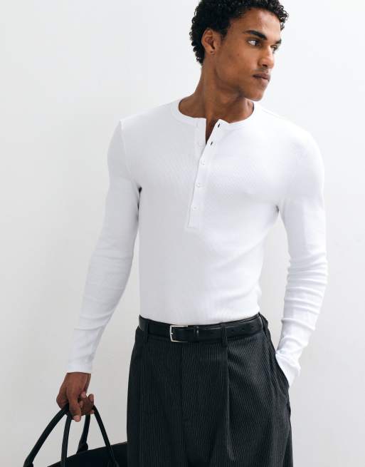 ASOS DESIGN muscle fit long sleeve henley t-shirt in white rib, 10 of 10