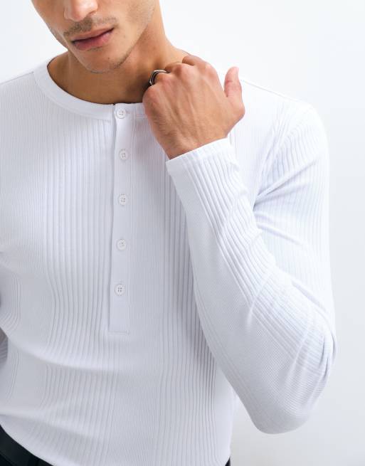 ASOS DESIGN muscle fit long sleeve henley t-shirt in white smart rib, 5 of 5