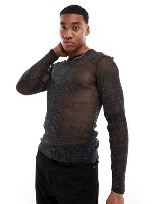 ASOS DESIGN muscle fit long sleeve in glitter mesh