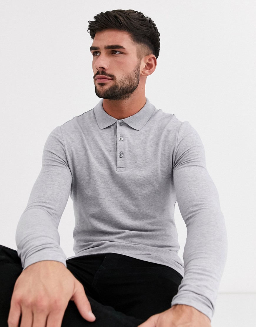 ASOS DESIGN muscle fit long sleeve jersey polo in grey marl
