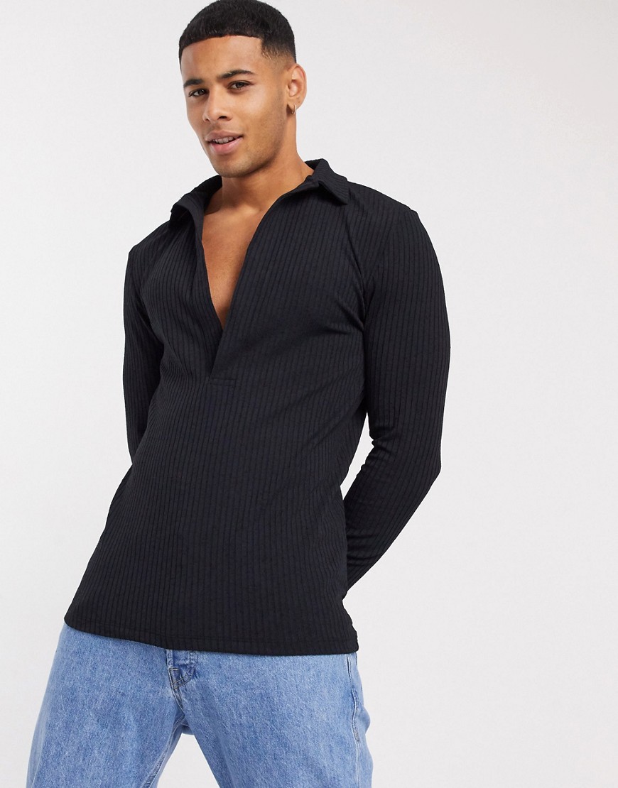 ASOS DESIGN muscle fit long sleeve jersey rib polo in black