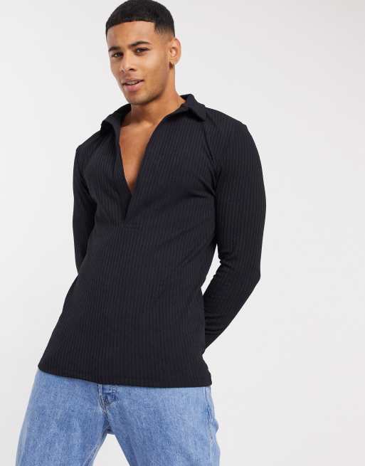 ASOS DESIGN muscle fit long sleeve jersey rib polo in black | ASOS