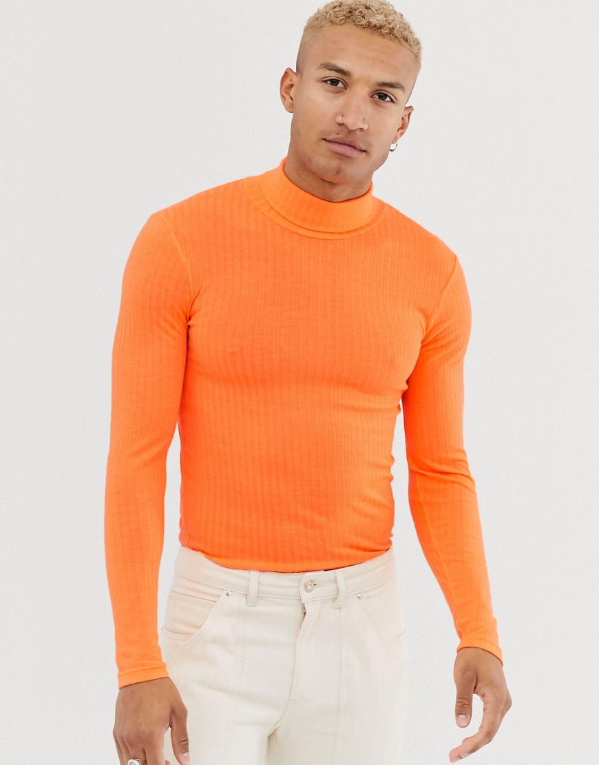 ASOS DESIGN muscle fit long sleeve jersey roll neck in neon orange