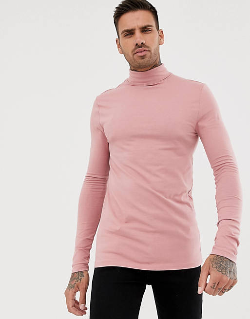 ASOS DESIGN muscle fit long sleeve jersey roll neck in pink