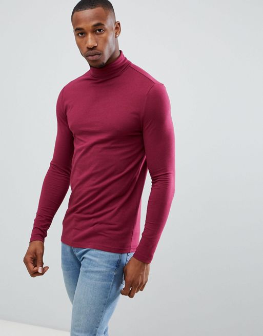 ASOS DESIGN muscle fit long sleeve jersey roll neck in red | ASOS