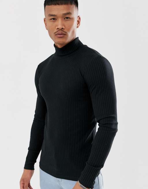 Asos design muscle fit ribbed outlet roll neck jumper in black