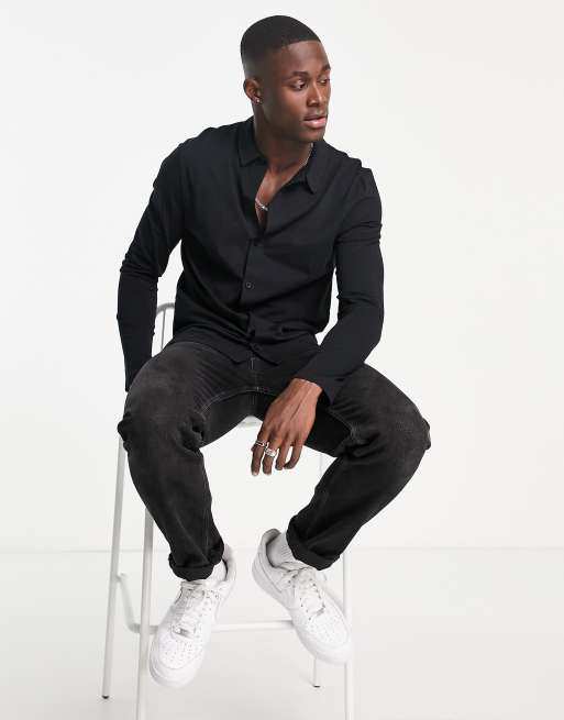 ASOS DESIGN muscle fit long sleeve jersey shirt in black - BLACK, 3 of 4