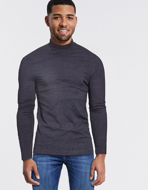 ASOS DESIGN muscle fit long sleeve jersey turtle neck in charcoal marl