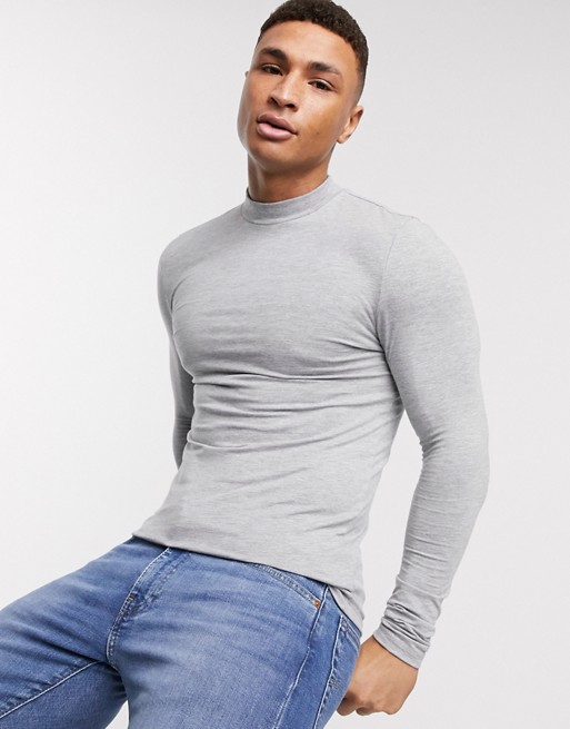 ASOS DESIGN muscle fit long sleeve jersey turtle neck in grey marl