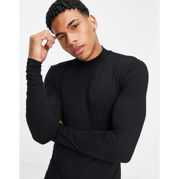 ASOS Design Skinny Long Sleeve Turtle Neck T-Shirt in Textured Faux Leather Black