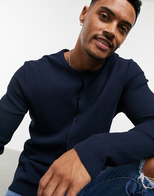 ASOS DESIGN muscle fit long sleeve jersey waffle shirt with grandad neck in navy