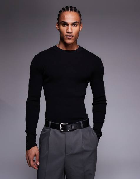 ASOS DESIGN muscle fit long sleeve knit cotton blend micro rib T-shirt in black - view 1