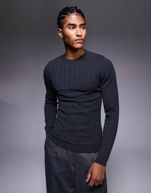 ASOS DESIGN muscle fit long sleeve knit crew neck in charcoal
