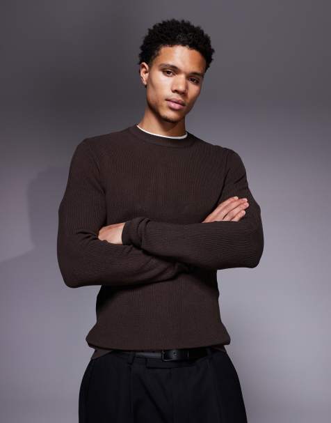 ASOS DESIGN muscle fit long sleeve knit crew neck T-shirt in brown - view 1